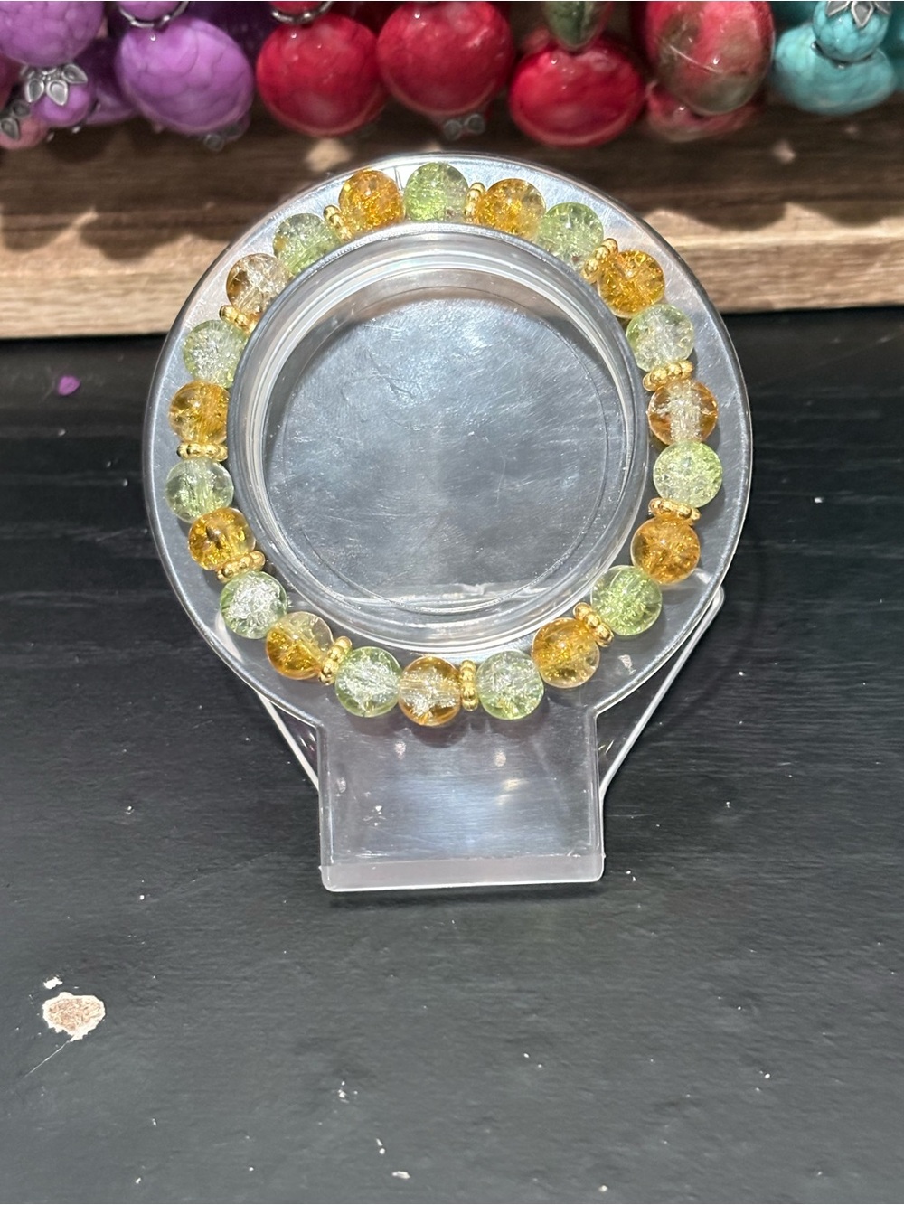 Handcrafted green and orange crystal bead with gold spacer beaded bracelet